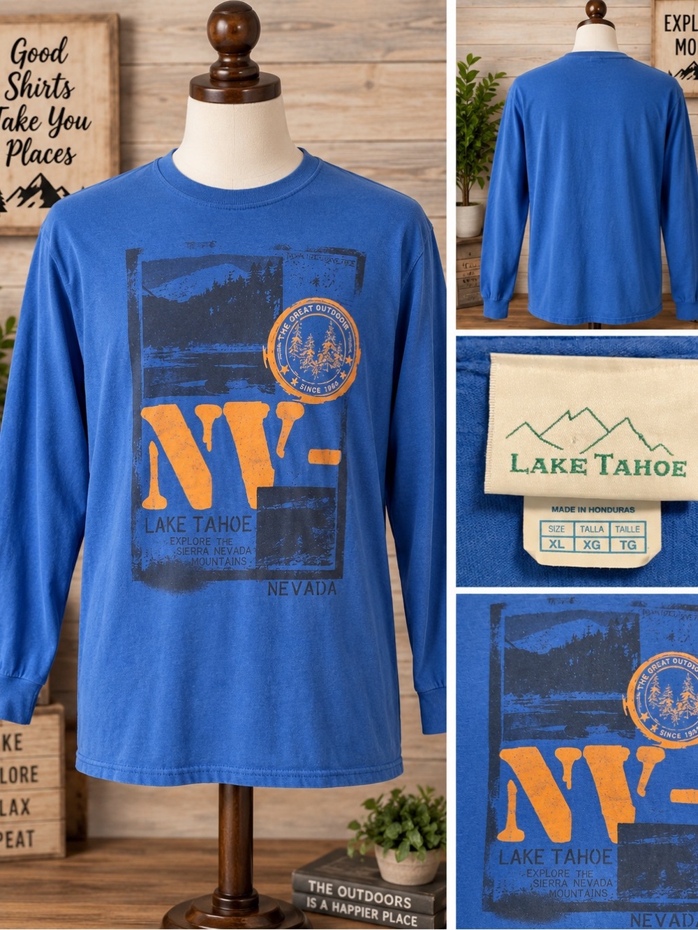 Lake Tahoe Vintage Graphic Long Sleeve T-Shirt XL Blue Nevada
